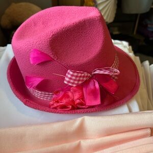 Pink Fedora Hat with Ribbon and Feather Accents